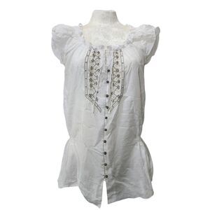 Women’s Medieval Peasant Blouse White Cotton Silk Boho Renaissance Top | Size 8